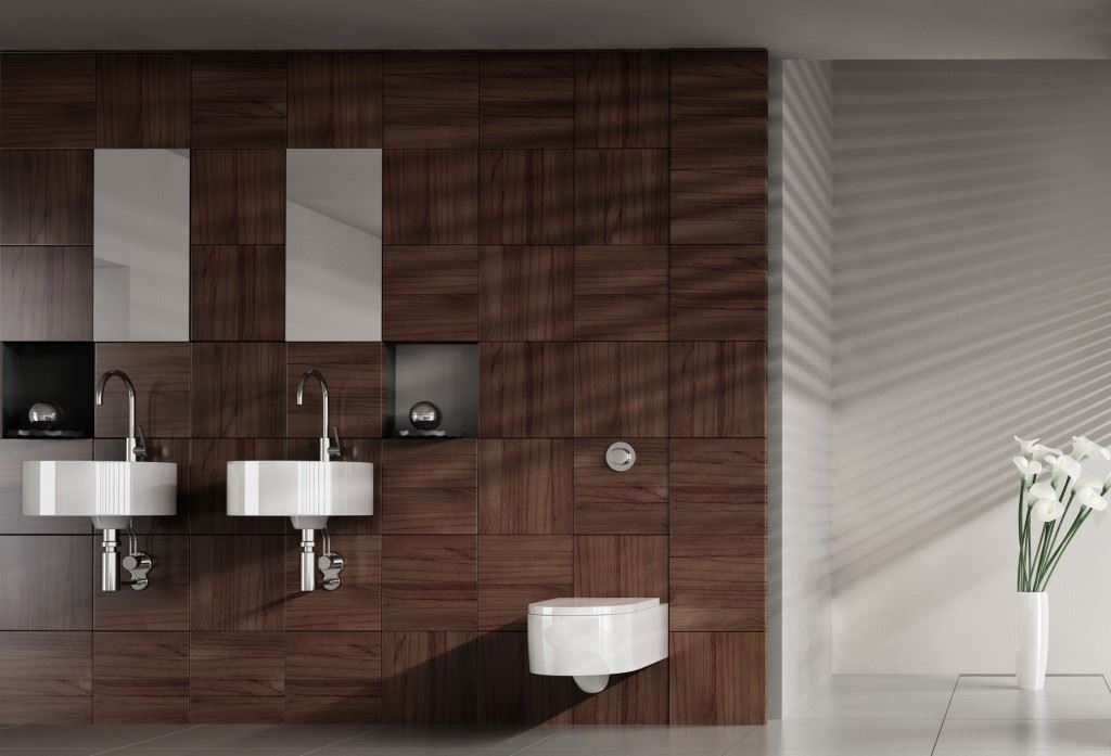 A 3D rendering of modern bathroom with double basin