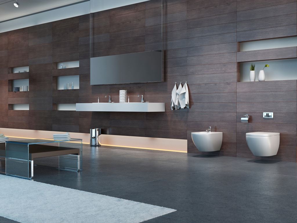 A 3D rendering of modern bathroom interior
