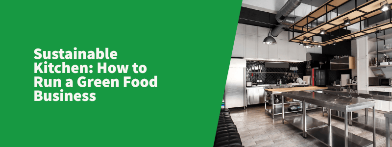 Blog title on a green background with a picture of an empty restaurant kitchen.