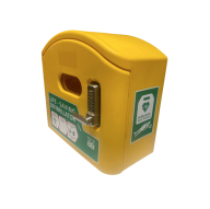 yellow Defibcaddy outdoor locked cabinet with green stickers on the front and left side. Stainless steel keypad lock and handle