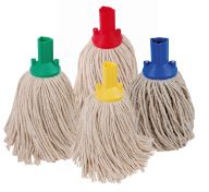 various coloured Exel Single Twine mop heads connected to mops