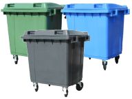 3 500L wheelie bins in grey, blue and green colours, with 4 black wheels
