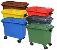 6 660 litre wheelie bins in various colours, including brown, yellow, blue, red, green and grey