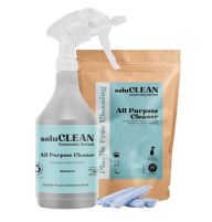 SoluCLEAN All Purpose pack of sachets with light blue label, 4 sachets in front of it and a trigger spray Bottle4Life with light blue label