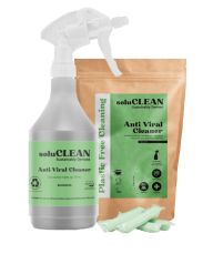 pack of SoluCLEAN Anti Viral Cleaner Sachets with green label, 4 sachets in front of it and a green label printed trigger spray Bottle4Life