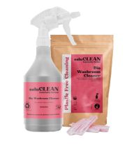 pack of SoluCLEAN Bio Washroom Cleaner Sachets with red label, 4 sachets at the front of it and a red label printed trigger spray Bottle4Life