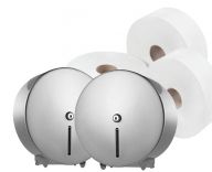 C21 Silver Mini Jumbo Dispenser (Pack of 2) & Toilet Roll Bundle