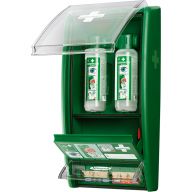 green Cederroth Eyewash station, with 2 bottles of eyewash solution and a plaster dispenser 