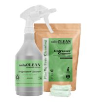 pack of SoluCLEAN Degreaser Cleaner Starter Pack Sachets with green label, 3 green sachets in front of it and a trigger spray bottle for the degreaser 