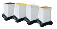 4 42L hybrid plastic lid & metal body sackholders, with black, orange, yellow and white lids and a black plastic base