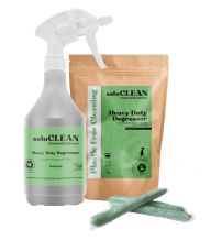 pack of SoluCLEAN Heavy Duty Degreaser Sachets with green label, 3 sachets in front of it and a green label printed trigger spray Bottle4Life