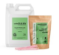 pack of SoluCLEAN Liquid Dishwash Sachets, 2 red sachets in front of it and & a 5L Bottle for adding the sachets to