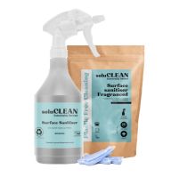 pack of SoluCLEAN Surface Sanitiser Sachets with blue label, 3 sachets in front of it and a blue label printed trigger spray Bottle4Life