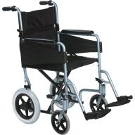 Lightweight Transit Wheelchair with black fabric for the patient to sit and lean on, 4 wheels and 2 footrests 